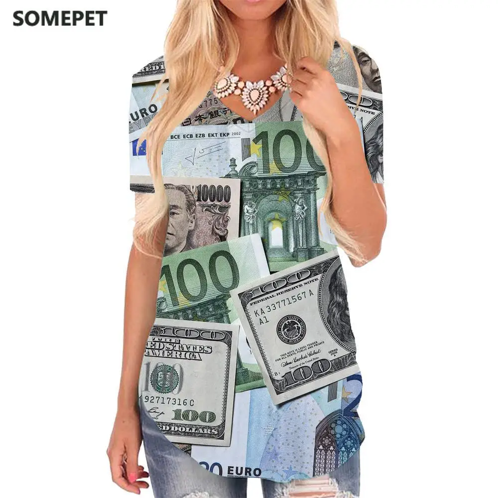 SOMEPET доллар футболка женская денег рубашка Печать на холсте с v-образной