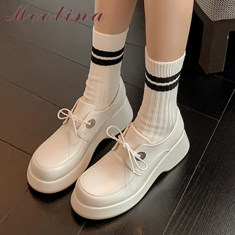 

Meotina Genuine Leather Women Loafers Shoes Thick Heels Pumps Platform Lace Up High Heel Ladies Footwear Spring Oxfords Shoes 40