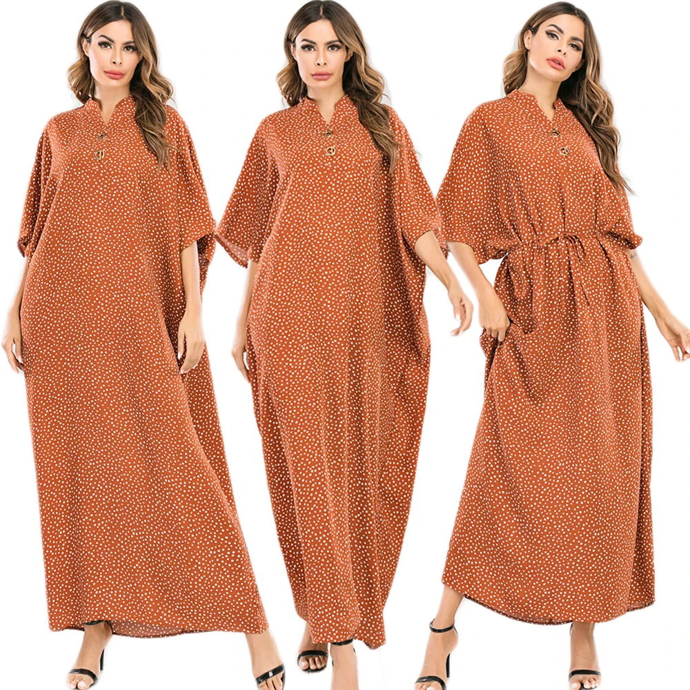 

Batwing Sleeve Muslim Casual Loose Long Dress Women Polka Dot Printed Caftan Arab Jilbab Ramadan Islamic Maxi Robe Summer Loose