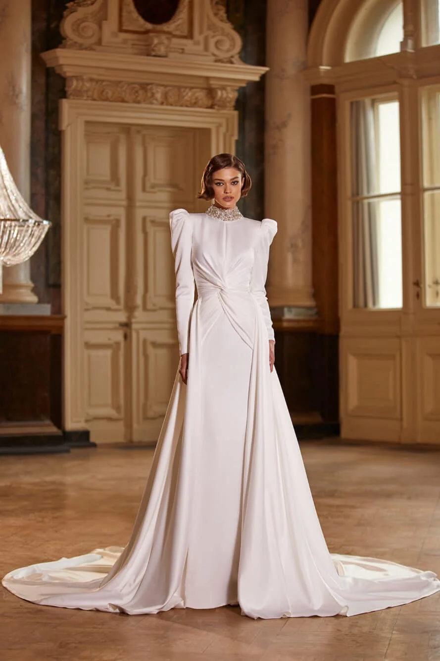 

Modest Mermaid Wedding Dresses with Detachable Train Satin Long Sleeves Bridal Gowns High Neck Beaded Vintage Robe De Marie