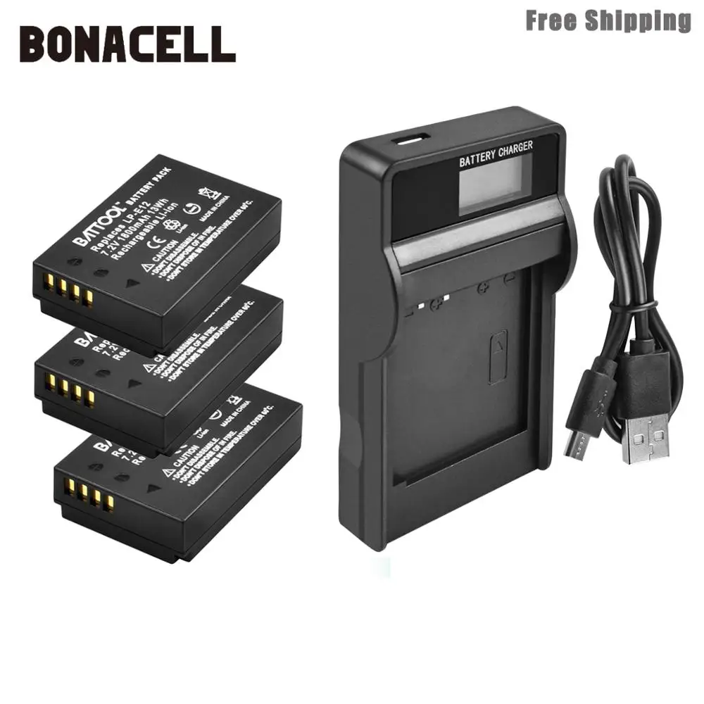 3XBattery Charger Bonacell 1800 мАч LP-E12 LPE12 LP E12 Аккумулятор для камеры+ ЖК-зарядное устройство для Canon EOS M10 Kiss X7 Rebel SL1 EOS 100D аккумулятор DSLR L50 - Цвет: 3XBattery Charger