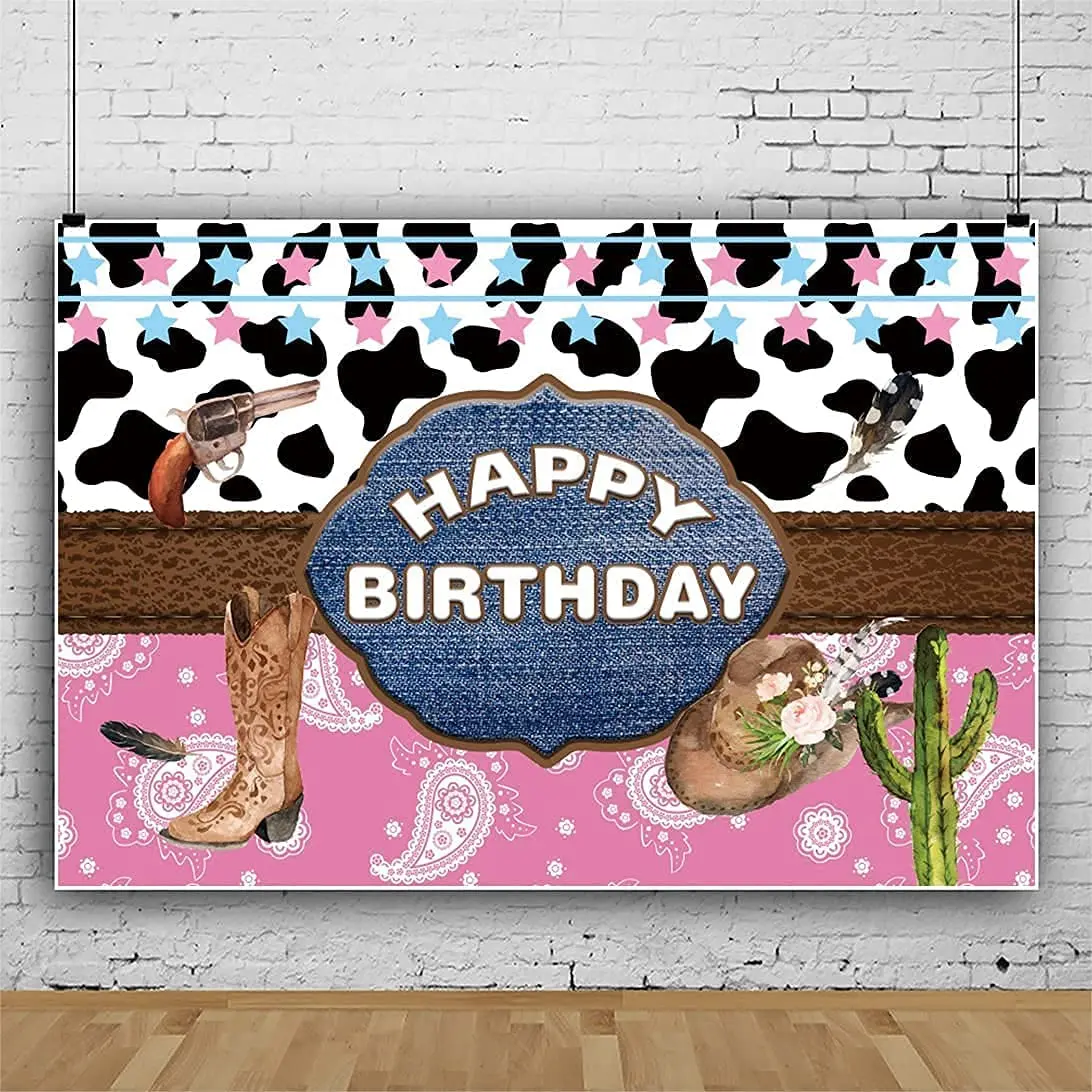 

Cowboy Birthday Party Backdrop Cartoon Tropical Saguaro Western Cowgirl Cap Bohemia Boot Pistol Kids Bday Party Supplies