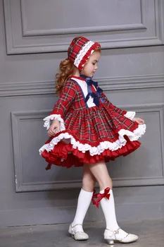 3PCSเด็กผู้หญิงฤดูใบไม้ร่วงฤดูหนาวสีแดงลายสก๊อตVintageสเปนPompom Ball Princess Lolitaชุดกางเกงหมวกสำหรับคริสต์ม...