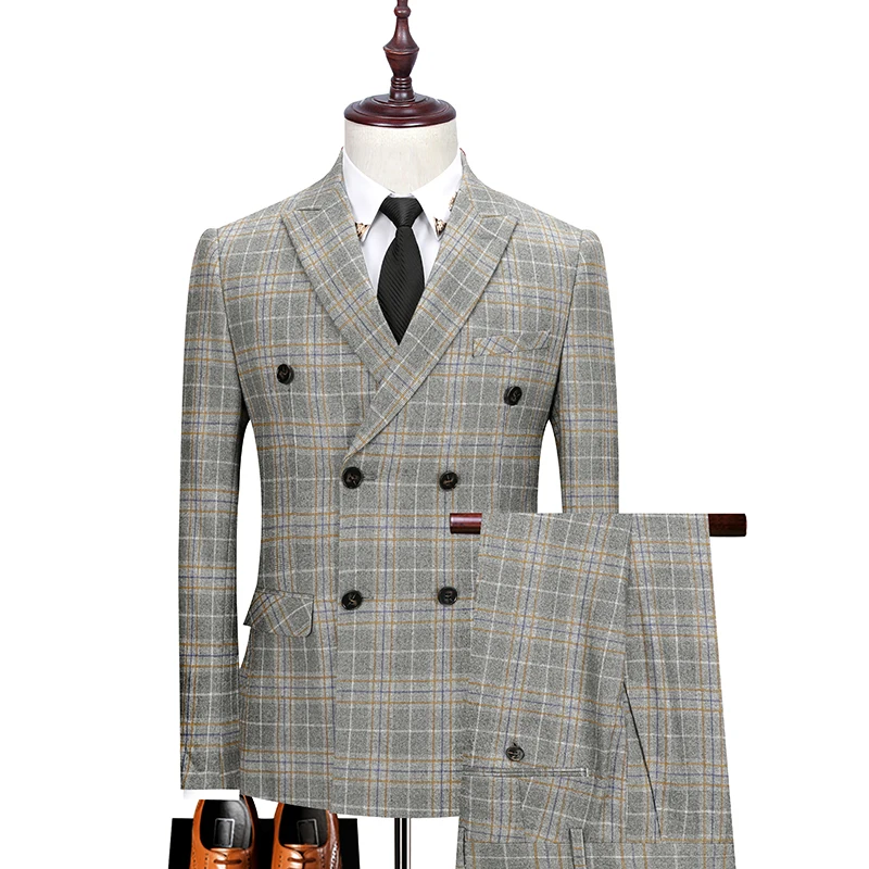 

[Jacket+Vest+Pants]Luxury fashion double-breasted plaid men's business casual blue suit 3-piece suit groom wedding tuxedo