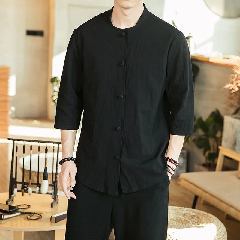 

Новинка лета 2021, мужские рубашки MrGB в национальном стиле, однотонная повседневная мужская рубашка с коротким рукавом и пуговицами, винтажны...