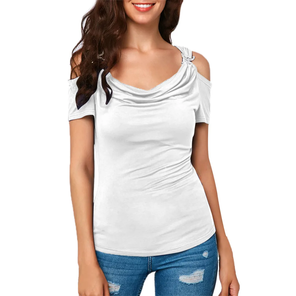 

Women Casual tshirt Cold Shoulder Draped Collar Shirt Plus Size tshirt Short Sleeve Top T-Shirt