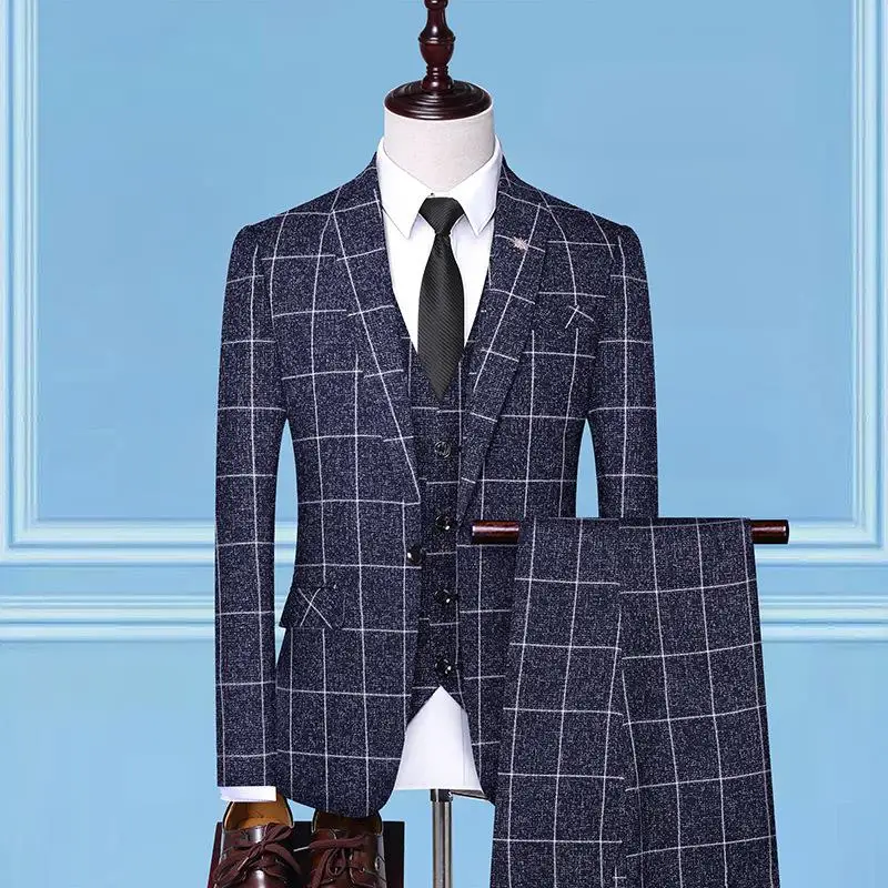 

M-4XL Men's Wedding Suit Three-piece Plaid Fashion Suit Jacket Casual Jacket Slim Business Suit Jacket Banquet Suit