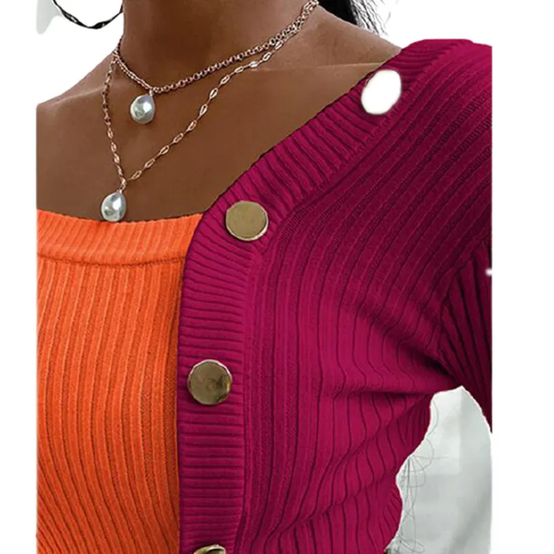 

Autumn New Fashion Stitching Button Thread Knit Top Women Sexy Off Shoulder Long Sleeves Pullover Ladies Street Oversize Tops