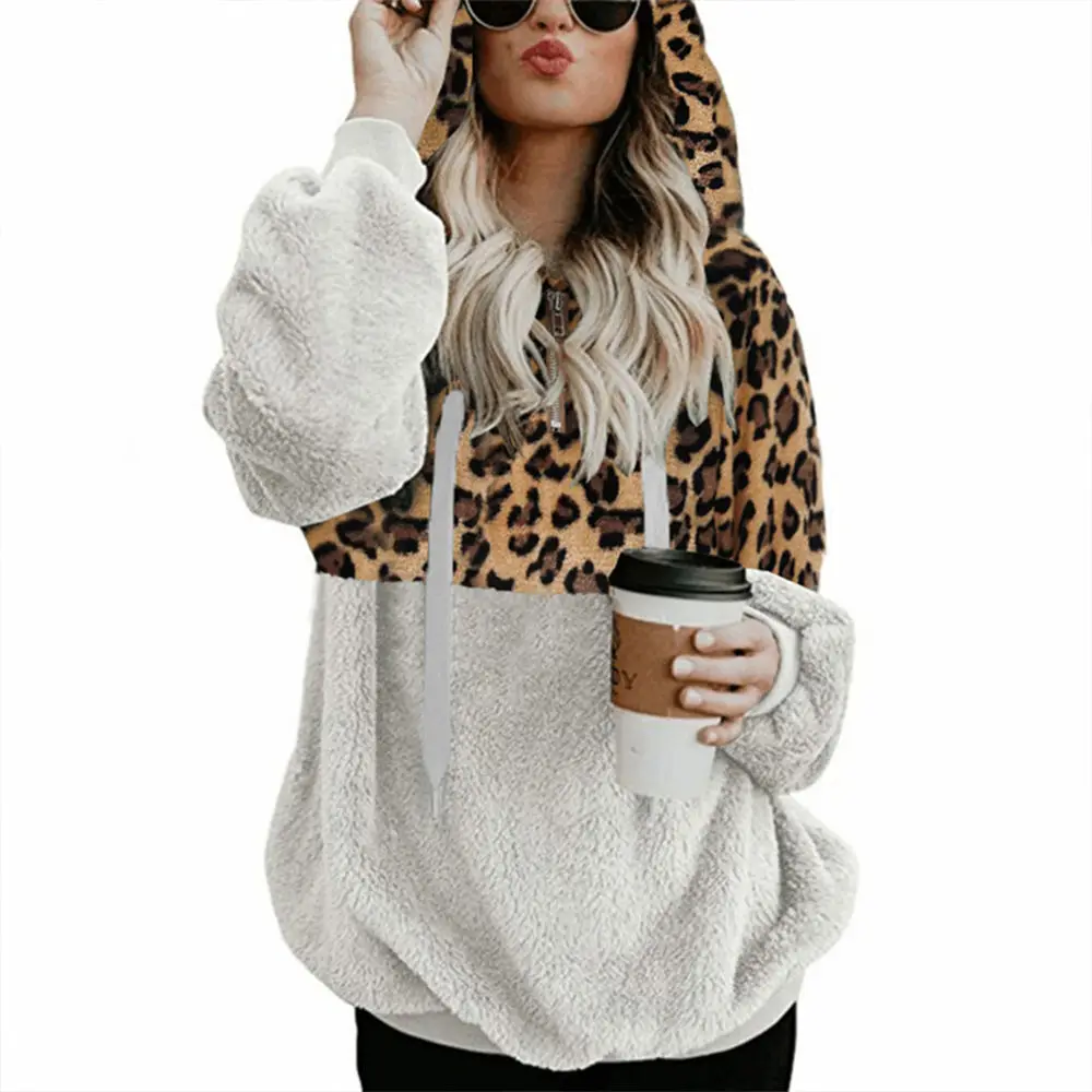 Casual Loose Sweaters Plus Size 5XL Fleece Fluffy Warm Hooded Pullover Female Teddy Plush Leopard Streetwear Tops | Женская одежда