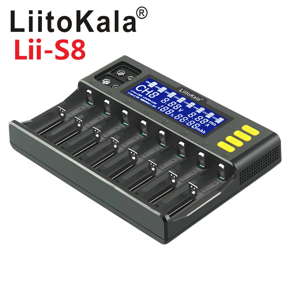 

LiitoKala Lii-S8 8 Slots LCD Battery Charger for Li-ion LiFePO4 Ni-MH Ni-Cd 9V 21700 20700 26650 18650 RCR123 18700