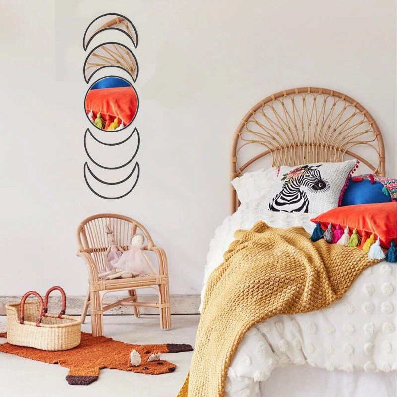 

Bohemian Style Wooden Decorative Wall Mirror Moon Phase Mirror Set Wall Stickers Living Room Bedroom Mirror DIY Decor Drop Ship