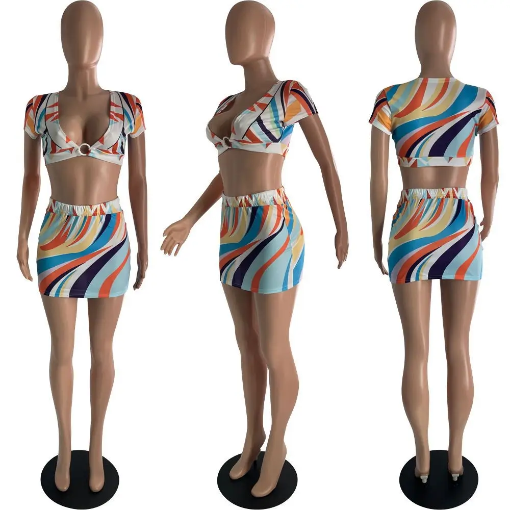 

Geometric Pattern Bandage 2 Piece Club Outfits for Women Deep V Neck Short Sleeve Crop Top and Bodycon Mini Skirt Club Party Set