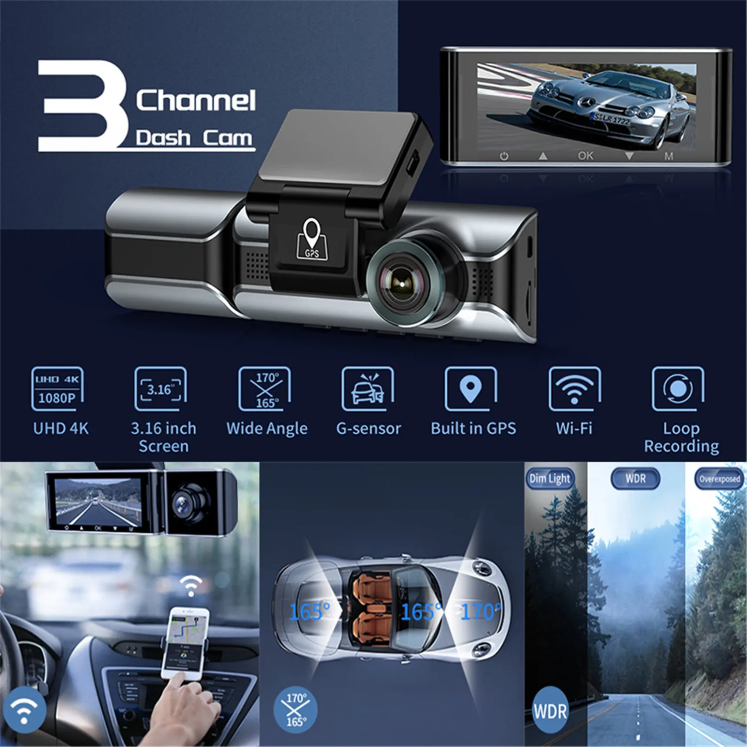 AZDOME Car DVR 3 Channel 4K +1080P Dash Cam Built-in WiFi GPS 2K+1080P+1080P Sony Sensor Infrared Night Vision Recorder Free 32G |