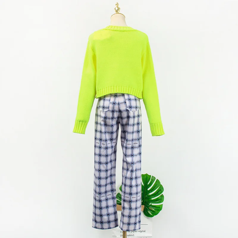 

kpop Korean Celebrity same ladies sweet Green Short Knitted Cardigan Sweater Tops and Plaid Straight Pants women Two-Piece Set