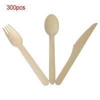300pcs eco friendly disposable wooden cutlery home dessert spoons knives forks dining tableware birthday party wedding supplies