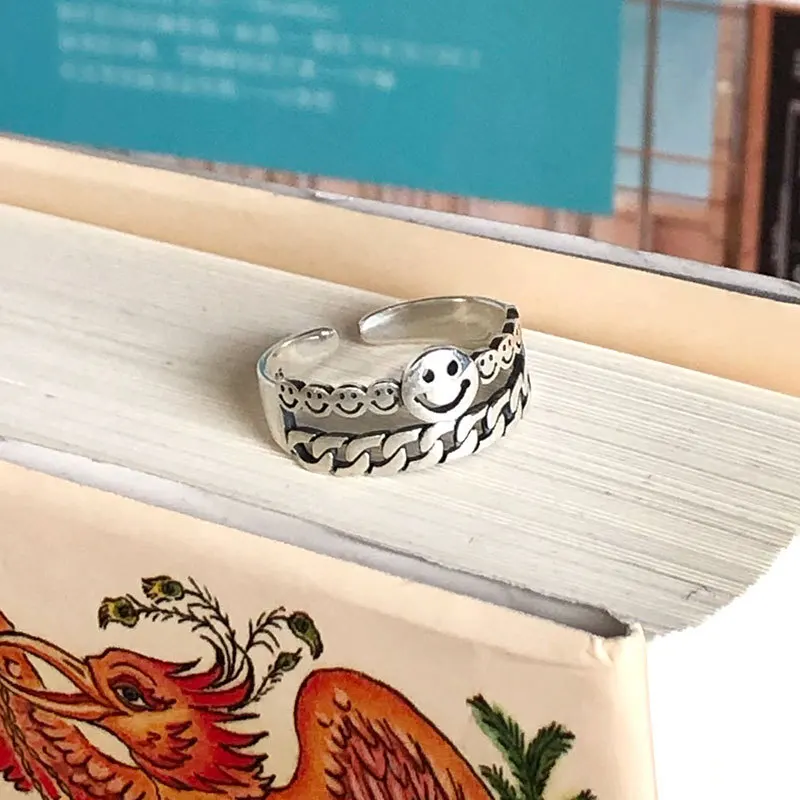 

S925 Sterling Silver Fashionable Personality Trend Chic Style Simple Style Series of Smiley Face Chain Open Ring