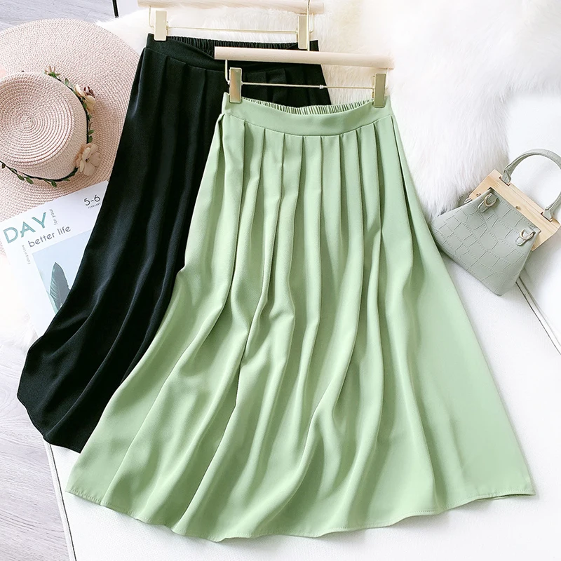 

Wasteheart Summer New Black Green Skirts Women Fashion Mid-Calf Length Skirt All-match Polyester Clothing Sexy A-Line Skirts