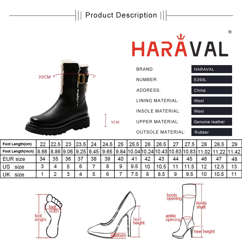 

HARAVAL Mid-Calf Boots Women Winter Fashion Low Heels Casual Shoes Female Black Warm Wool Round Toe Rubber Thick Bottom E293L