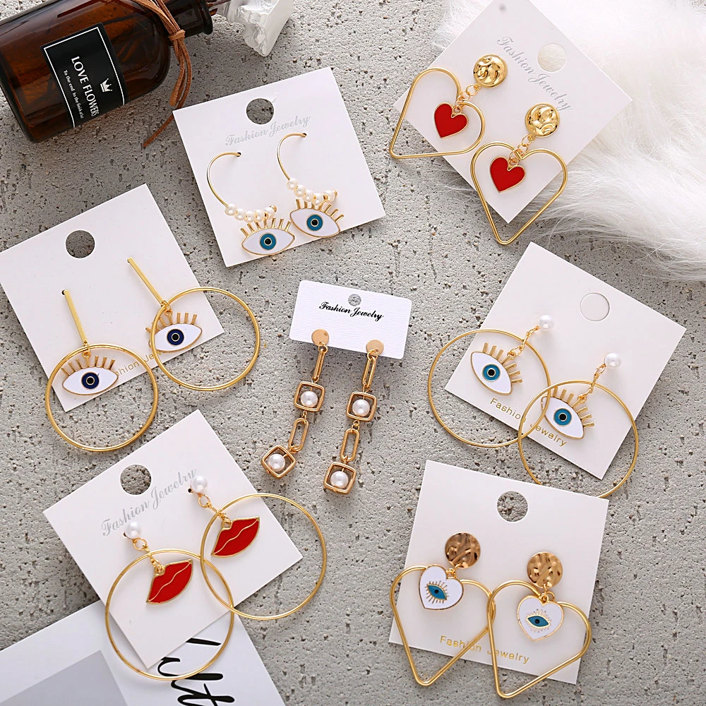 New Boho Fashion Gold Faux Pearl Eyes Mouth Heart Shaped Geometry Pendant Earrings For Women Vintage Earring Jewelry Party Gift | Украшения