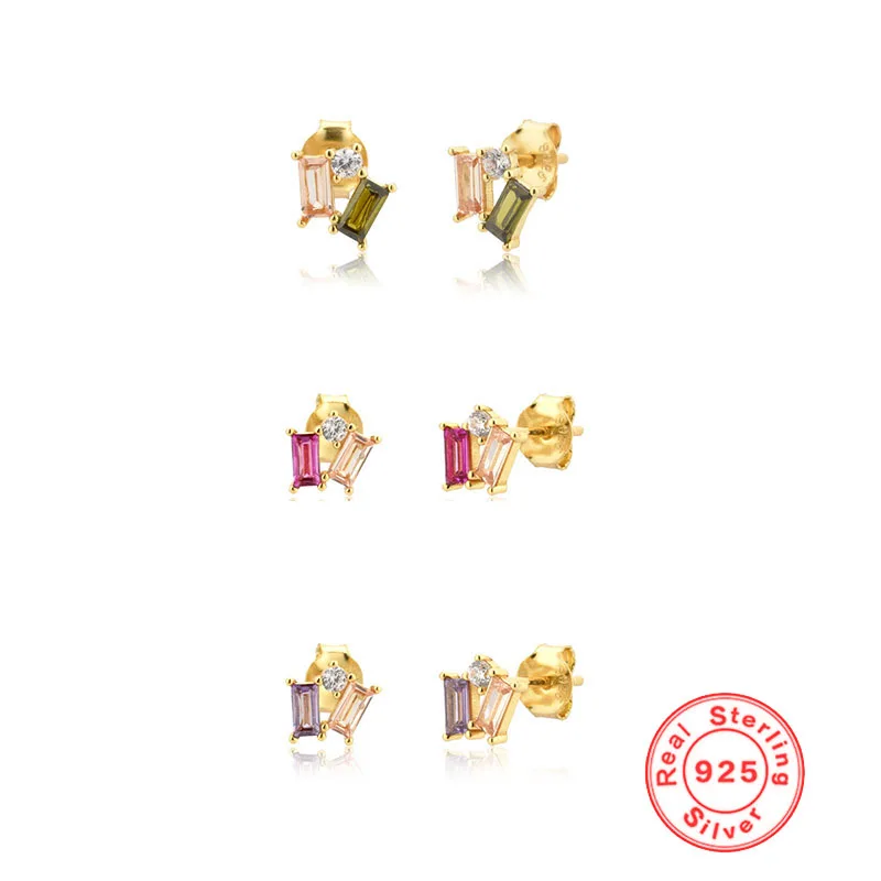 

100% Real 925 Sterling Silver Mini Rectangular Multicolor Zircon Stud Earrings Women Simple Cute Gold color Earrings New Arrival