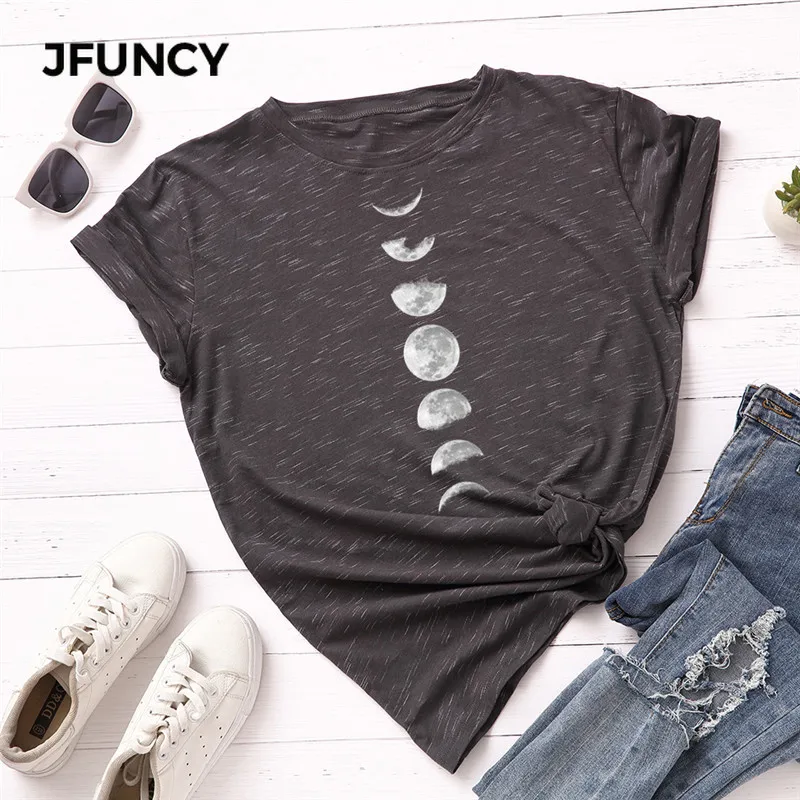 JFUNCY, футболка размера плюс, S-5XL, новая луна, футболка с принтом, женская, хлопок, Круглый ворот, короткий рукав, футболка, топы, летние повседневные рубашки