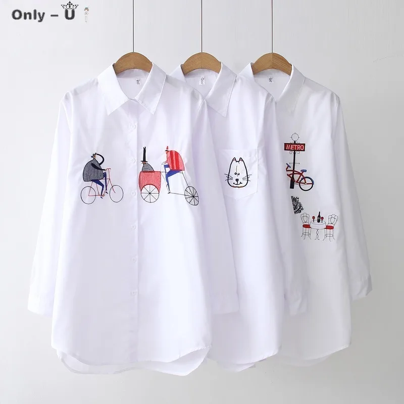

Fashion Women White Embroidery Blouse Spring 2021new Long Sleeve Cotton Blouse Casual Button Cartoon Korean Style Female Shirt