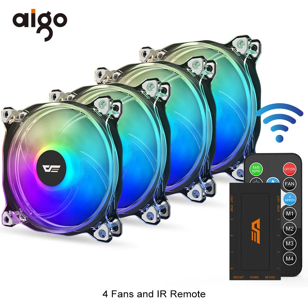 4 fan and controller Aigo вентилятор RGB 120 мм компьютерный ПК Корпус Вентилятор прозрачная рамка тихий+ дистанционный Вентилятор охлаждения процессора компьютера регулировка скорости AURA SYNC RGB Корпус Вентилятор - Цвет лезвия: 4 fan and controller