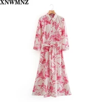 xnwmnz za floral print single breasted button high waist lace up long dress elegant vestidos shirt collar dress tie belt
