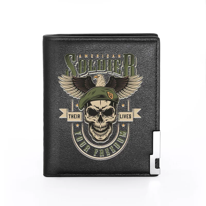 

Cool Military Soldier Skull Black Leather Men Women Short Wallet ID Credit Card Holder Military Purse