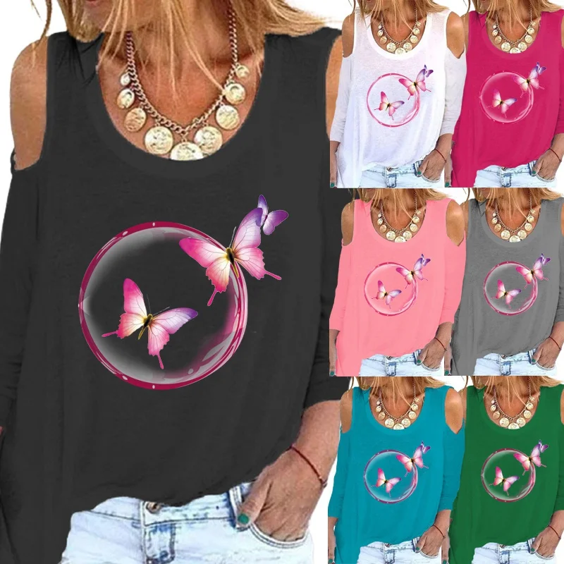 

Women Clothing Spring and Autumn Fashion Printing Sexy Off Shoulder Round Neck Pullover Elegent Long Sleeve Loose Casual Shirt