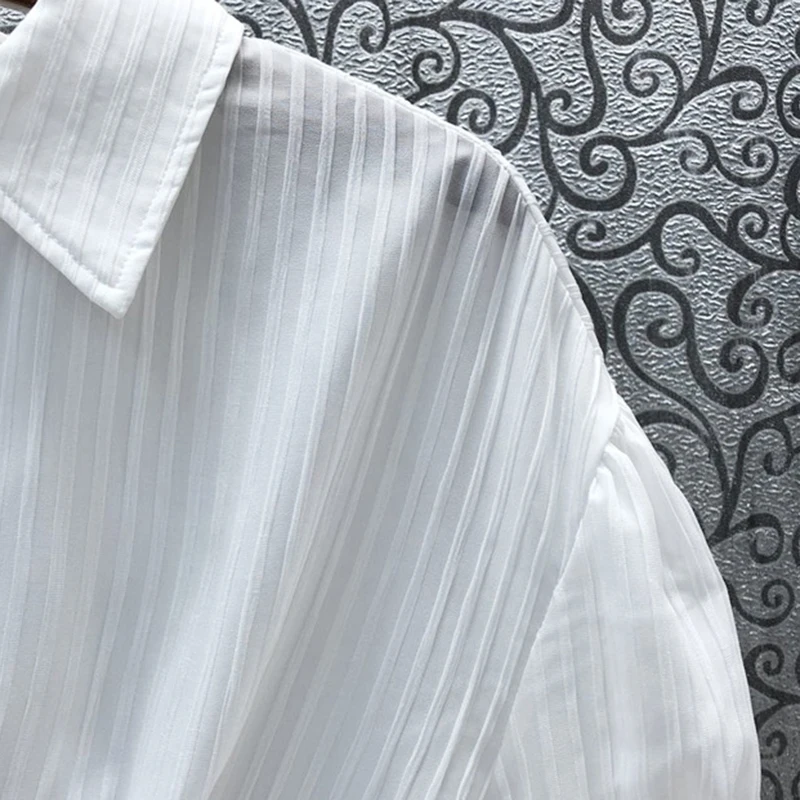 

GALCAUR White Casual Shirts For Women Lapel Puff Short Sleeve Single Breasted Blouses Females Summer Fashion Clothing 2021 Style