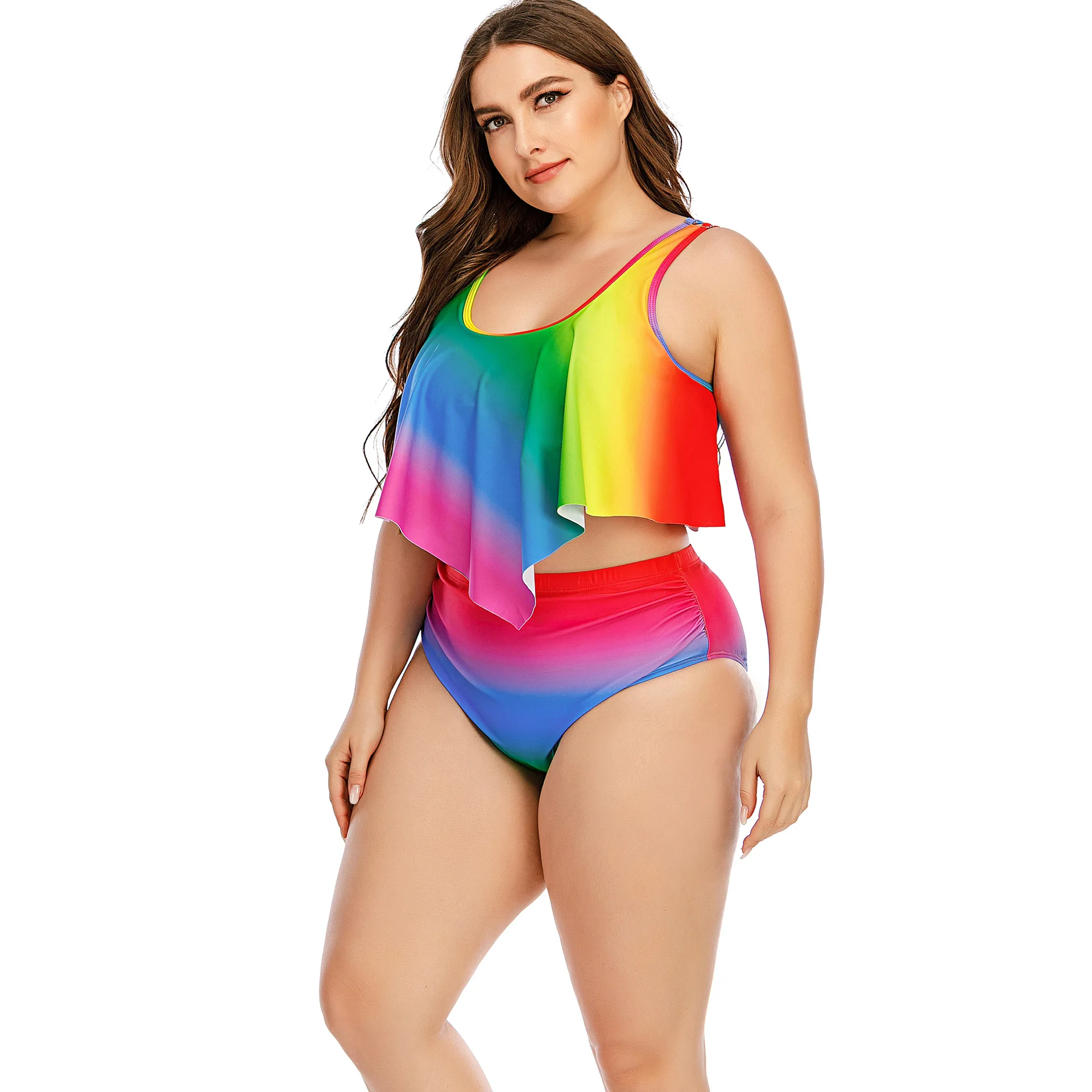 Luren Plus Size Swimwear Oversized Women's Split Rainbow Swimsuit Swimming Suit for Women High Waist 5XL