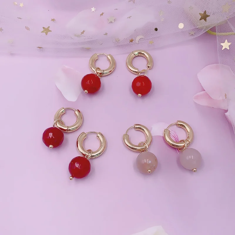 

Minar Trendy Natural Stone Pendant Earring for Women Gold Color Copper Hooks Red Pink Round Stones Hoop Earrings Pendientes 2021