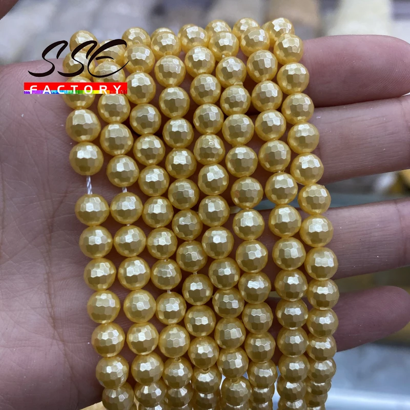 

6 8 10 12mm Natural Faceted Yellow Shell Pearl Beads Round Loose Bead For Jewelry Making Diy Necklace Bracelet Accessories 15"