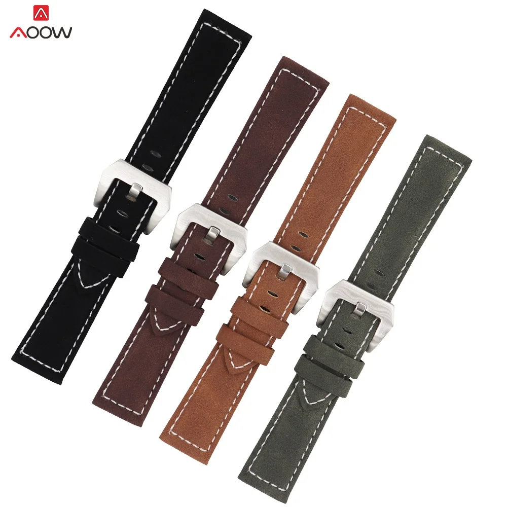 Кожаный ремешок AOOW для мужских и женских часов матовый черный серебристый