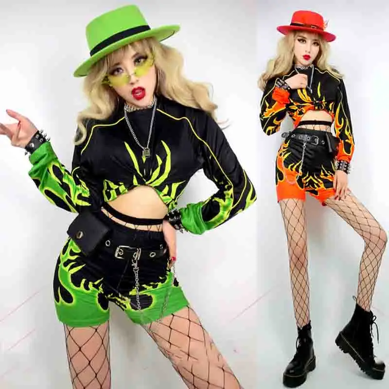 

2021 Hip-Hop New DS DJ Red Green Flame Printing Long-Sleeved Top Shorts Women Costume Performance Clothing Rave Outfits XS