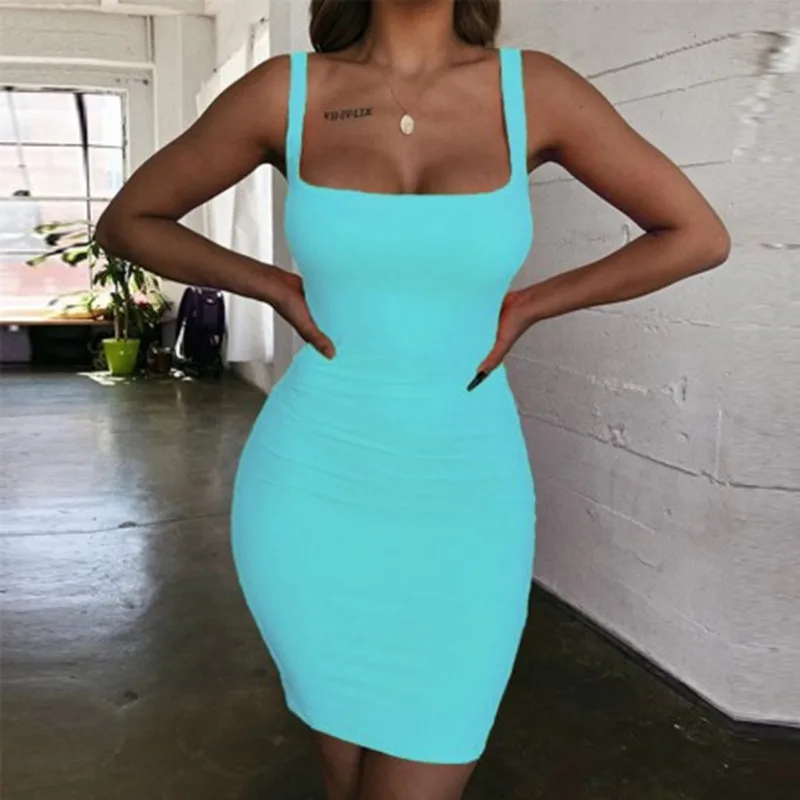 

2021 Summer New Fashion Solid Color Polyester Camisole Candy Color Bag Hip Short Skirt Sexy Slim Waist Dress For Women