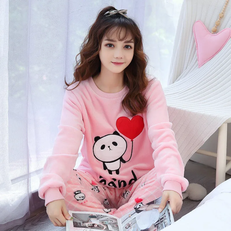 Cartoon Panda Pajamas Lady 2020 Winter Love Coral Fleece Thicken Plus Flannel Home Wear Set Cute | Женская одежда