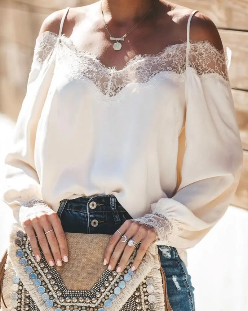 

2020 Women Casual Cold Shoulder Long Sleeve Patchwork Fashion Shirt Stylish Lace Splicing Chiffon Blouses
