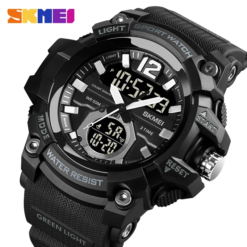 

SKMEI Watch Men Shockproof Waterproof Digital Mens Wristwatches 3 Time Outdoor Sports Watches LED Alarm Clock reloj hombre