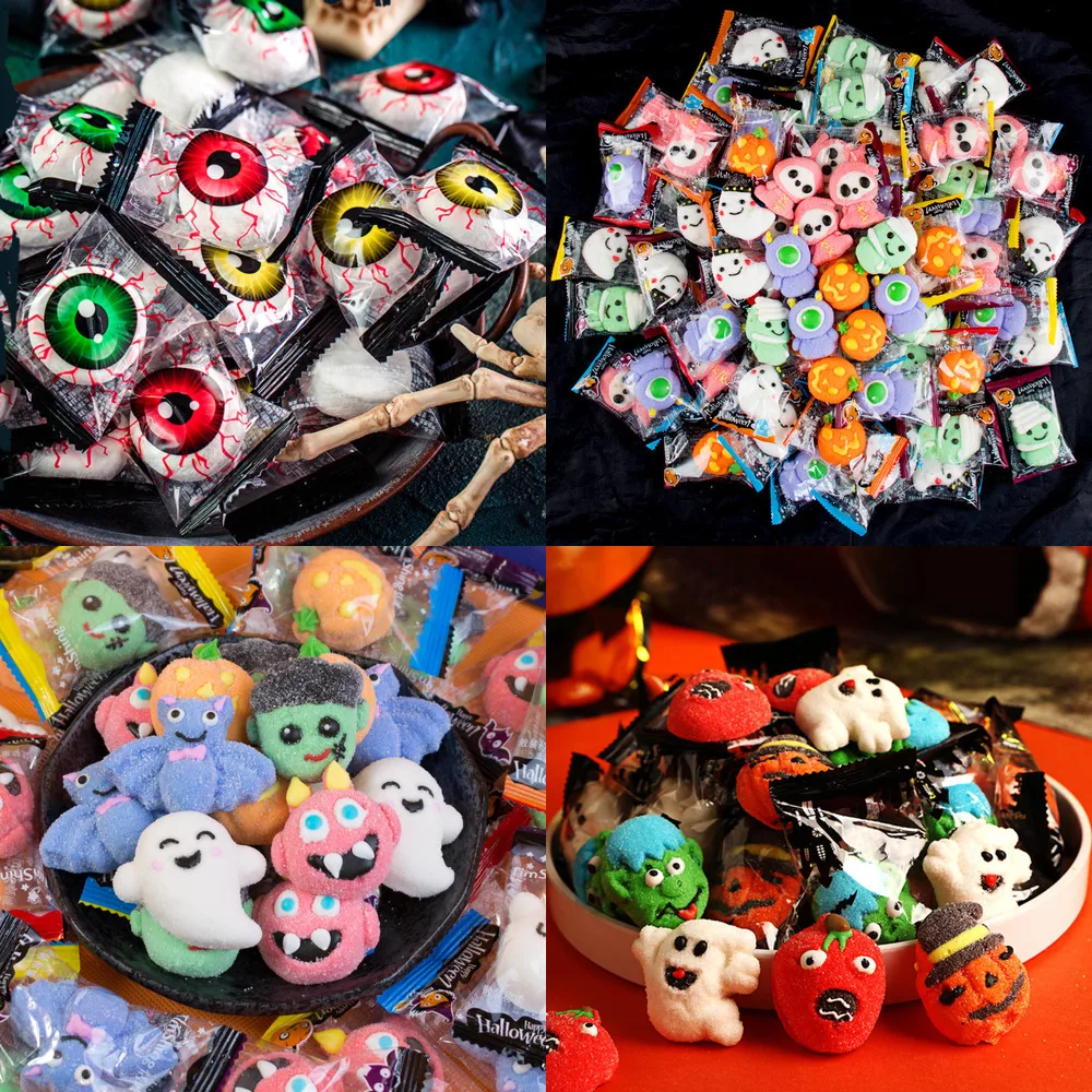 Candys de Halloween de 300g/500g/1000g, bolsa creativa con forma de globo ocular, Spoof Marshmallow, Snacks de caramelo a granel, cabeza de calabaza, Fudge de Horror-0