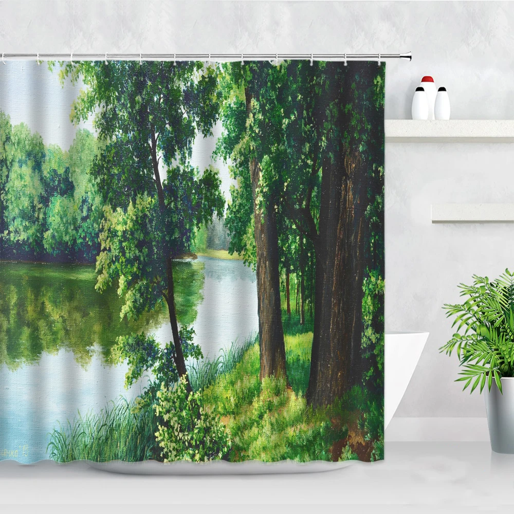 

Весенняя занавеска для душа с изображением пейзажа масляной живописи, лесных деревьев, водных зеленых растений, деревенский пейзаж, тканев...