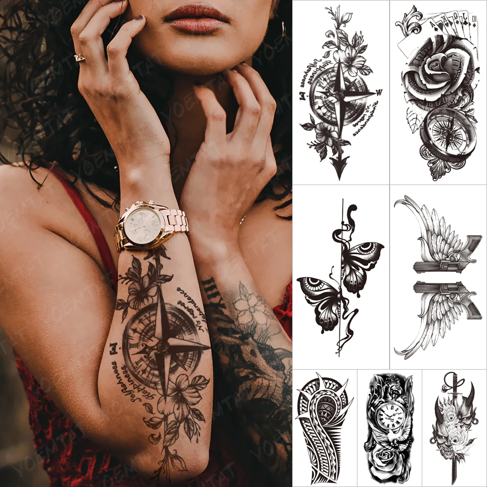 

переводные татуировки временные наклейки тату долговечные Водостойкая Временная тату-наклейка с компасом, розой, цветком, бабочкой, пистолетом, женская искусственная татуировка на рукав