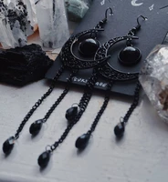 gothic black moon earrings celestial jewelry onyx black crystal solar system alternative jewelry mysterious lady gift