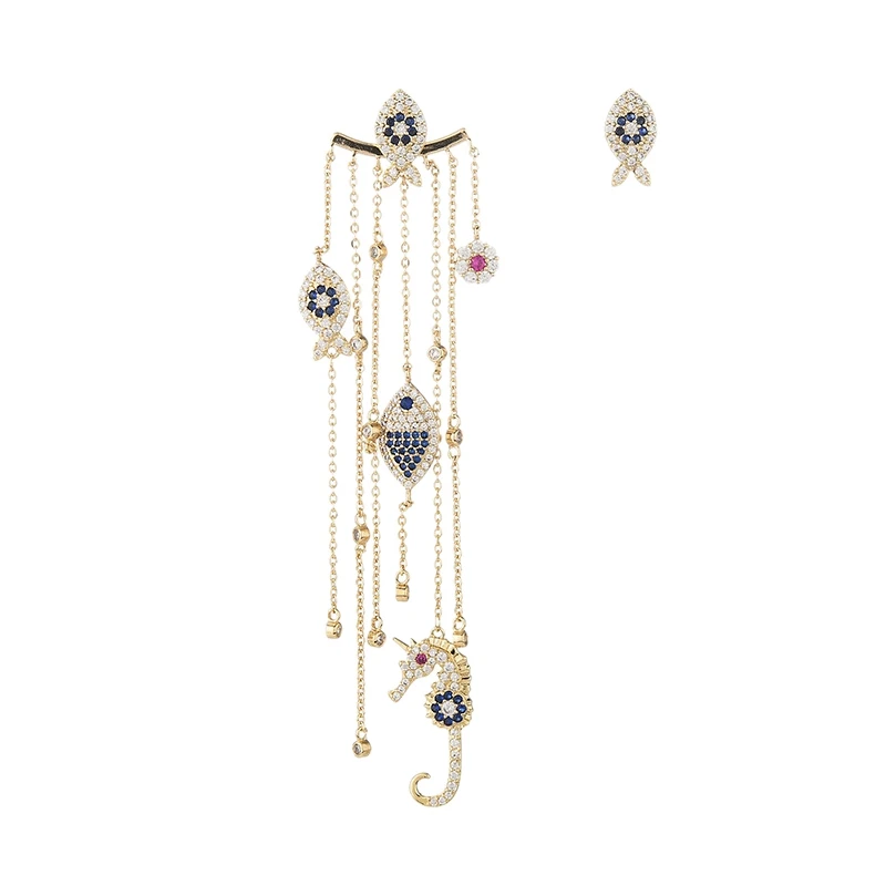 Асимметричные Длинные серьги с кисточками в виде рыбки морской лошади морские