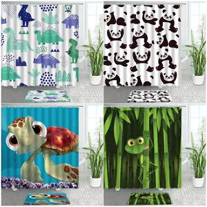 cartoon animals shower curtains bath mats set funny dinosaur frog panda sea turtle children bathroom decor door pad floor carpet free global shipping
