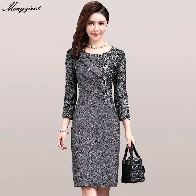 

Elegant Long Sleeve Dress For Women 2022 Autumn Vintage Female Sexy Office Lady Ol Work Dresses Bodycon Lace Patchwork Vestidos