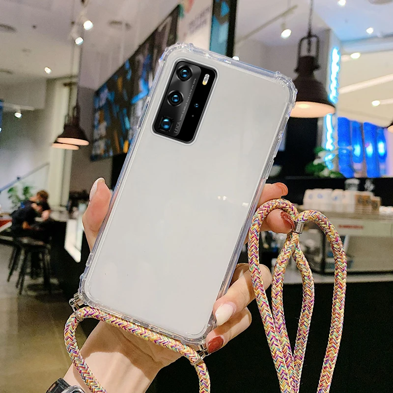 

Luxury Lanyard Silicone Phone Case For Huawei P40 P30 P20 P10 Lite Mate 40 30 20 10 Pro Y9 Cute Ultra-thin Necklace Rope Cover