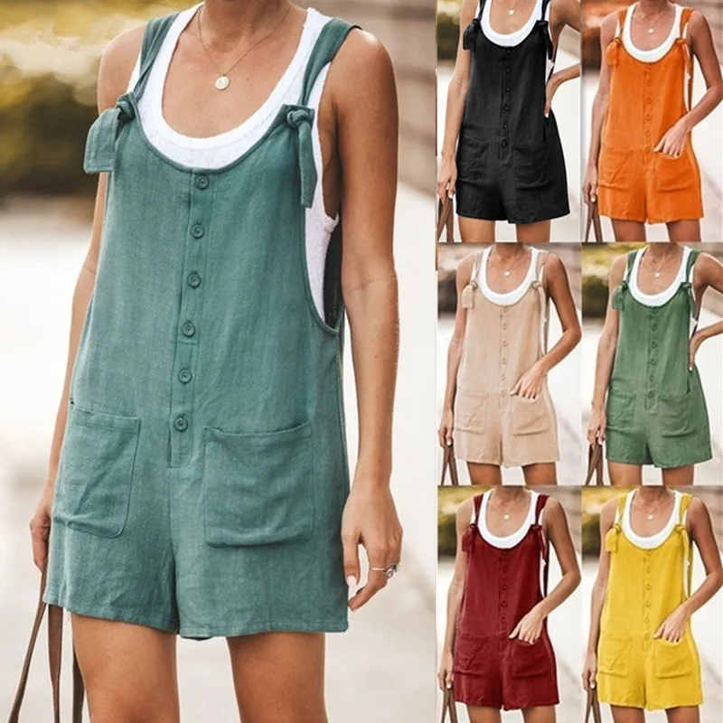 

Women Rompers Summer Sleeveless Backless Lace Up Playsuits Ladies Solid Casual Jumpsuits Pocket Buttons Loose Overalls Plus Size