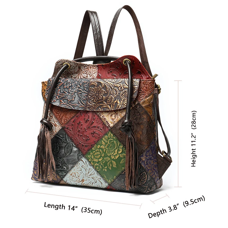 

Bestform Vintage Tassel Small Backpack 2021 New Genuine Leather Embossing Cowhide Luxury Shoulder Bag Women Travel Backpack